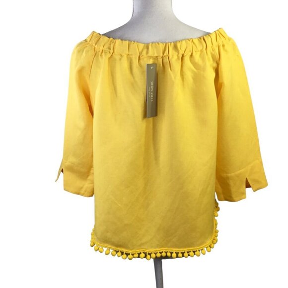 Joan Vass New York NWT Linen Top Off Shoulder Pom Poms Size M Yellow 3/4 Sleeve - Picture 5 of 9